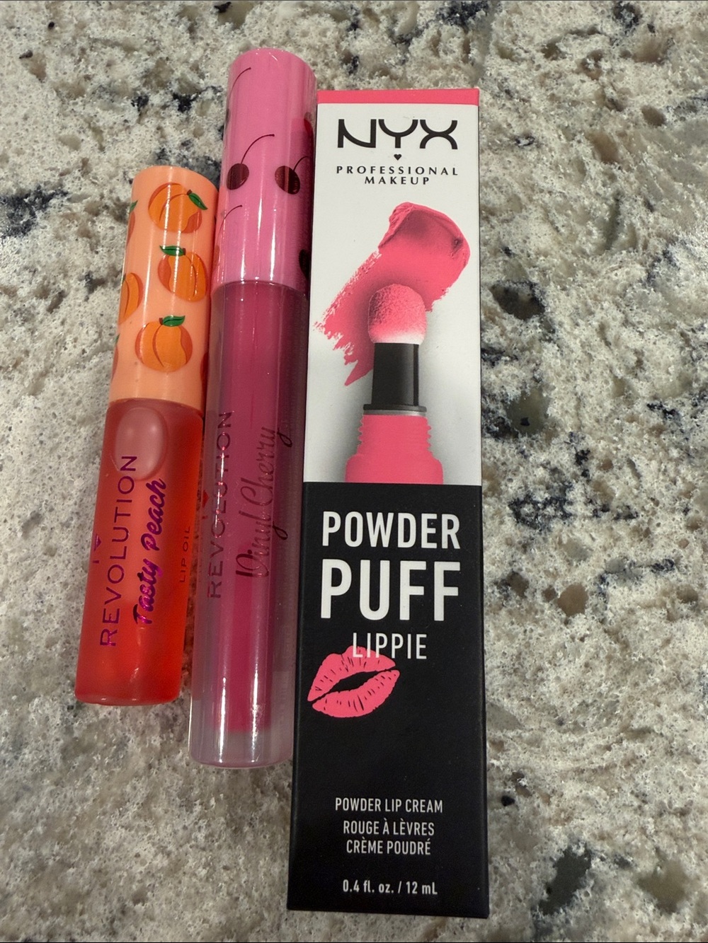 ALL NEW Bundle of 3 Makeup Revolution lip oil, Vinyl Cherry and NYX powder lip